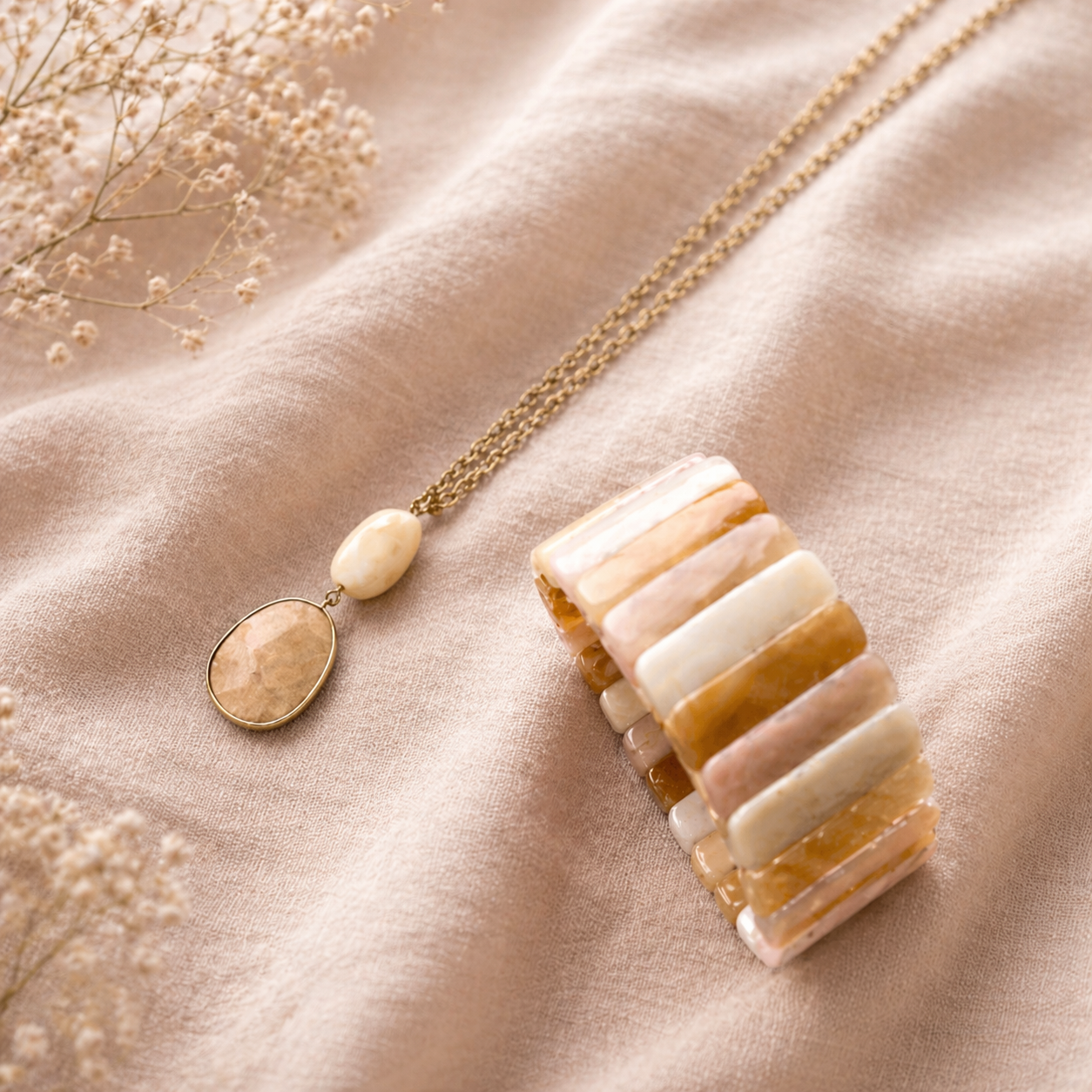 Collier acier inoxydable doré & jaspe beige –  Terra Bella