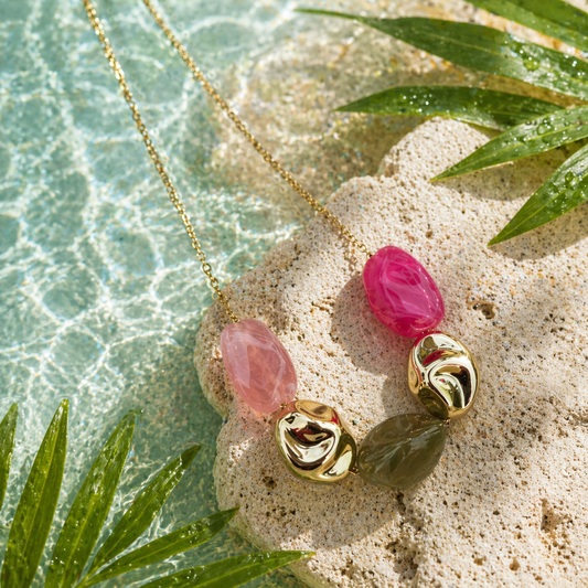 Collier Lagune en acier inoxydable doré & perles colorées irrégulières