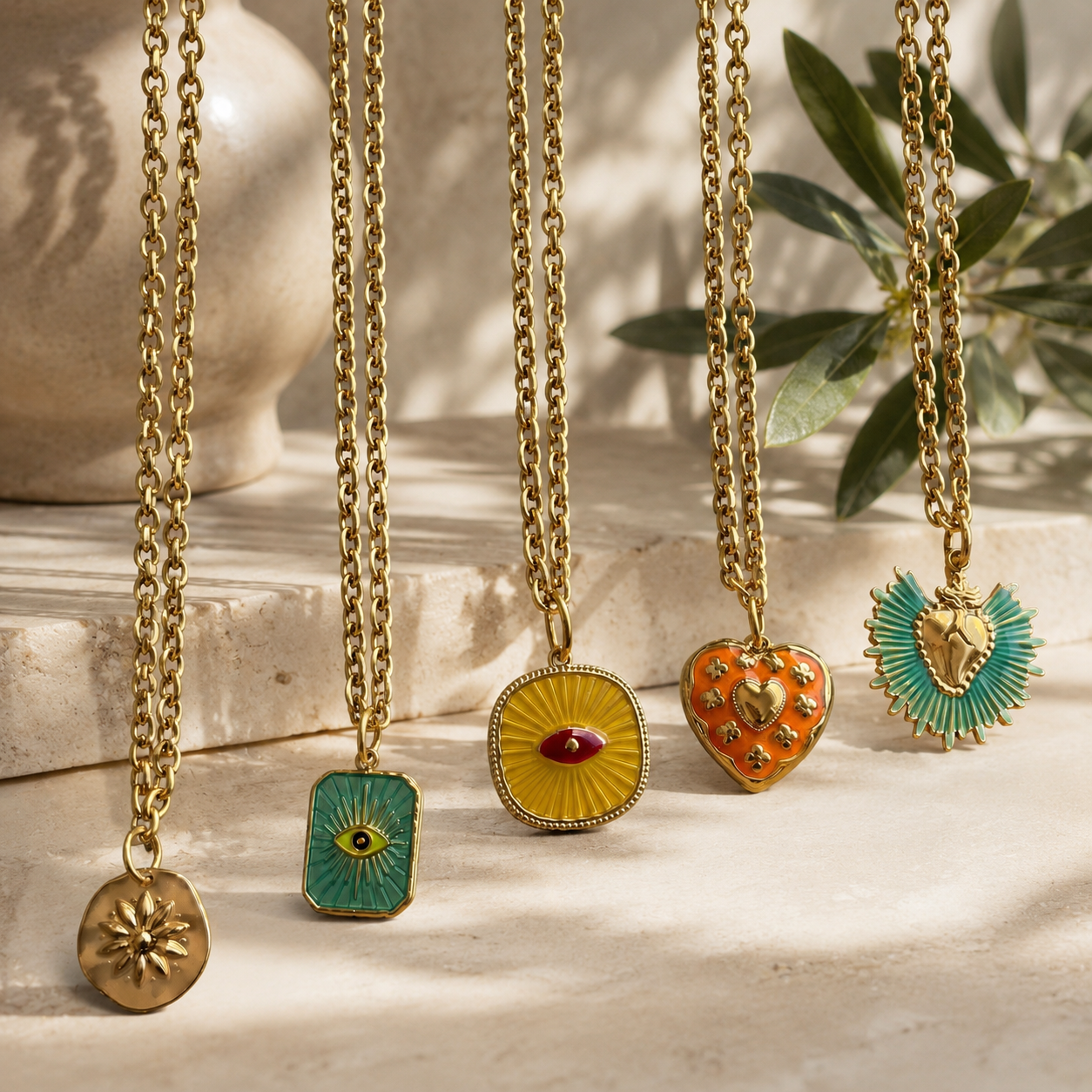 Collier  Amulette émaillé doré – Bijou solaire acier inoxydable