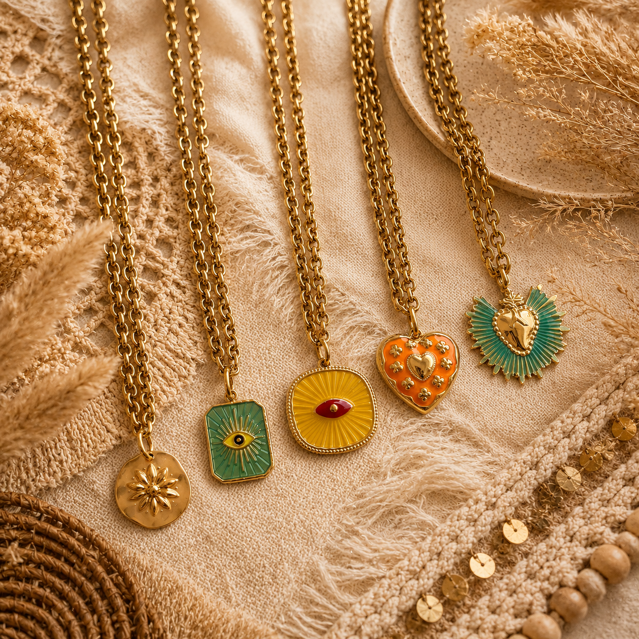 Collier  Amulette émaillé doré – Bijou solaire acier inoxydable