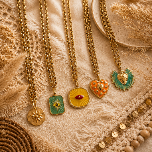 Collier  Amulette émaillé doré – Bijou solaire acier inoxydable