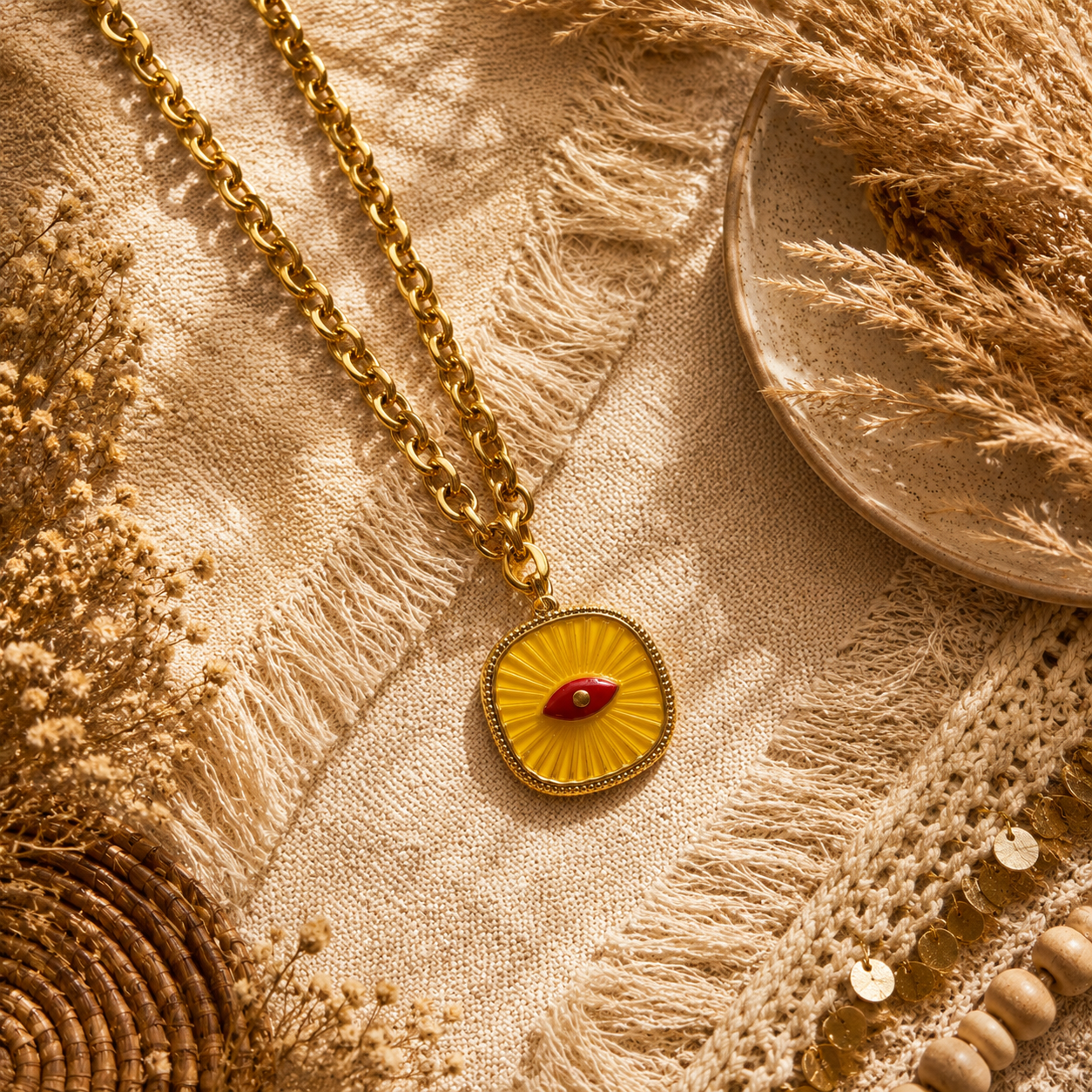 Collier  Amulette émaillé doré – Bijou solaire acier inoxydable