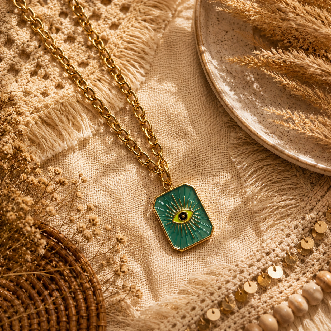 Collier  Amulette émaillé doré – Bijou solaire acier inoxydable
