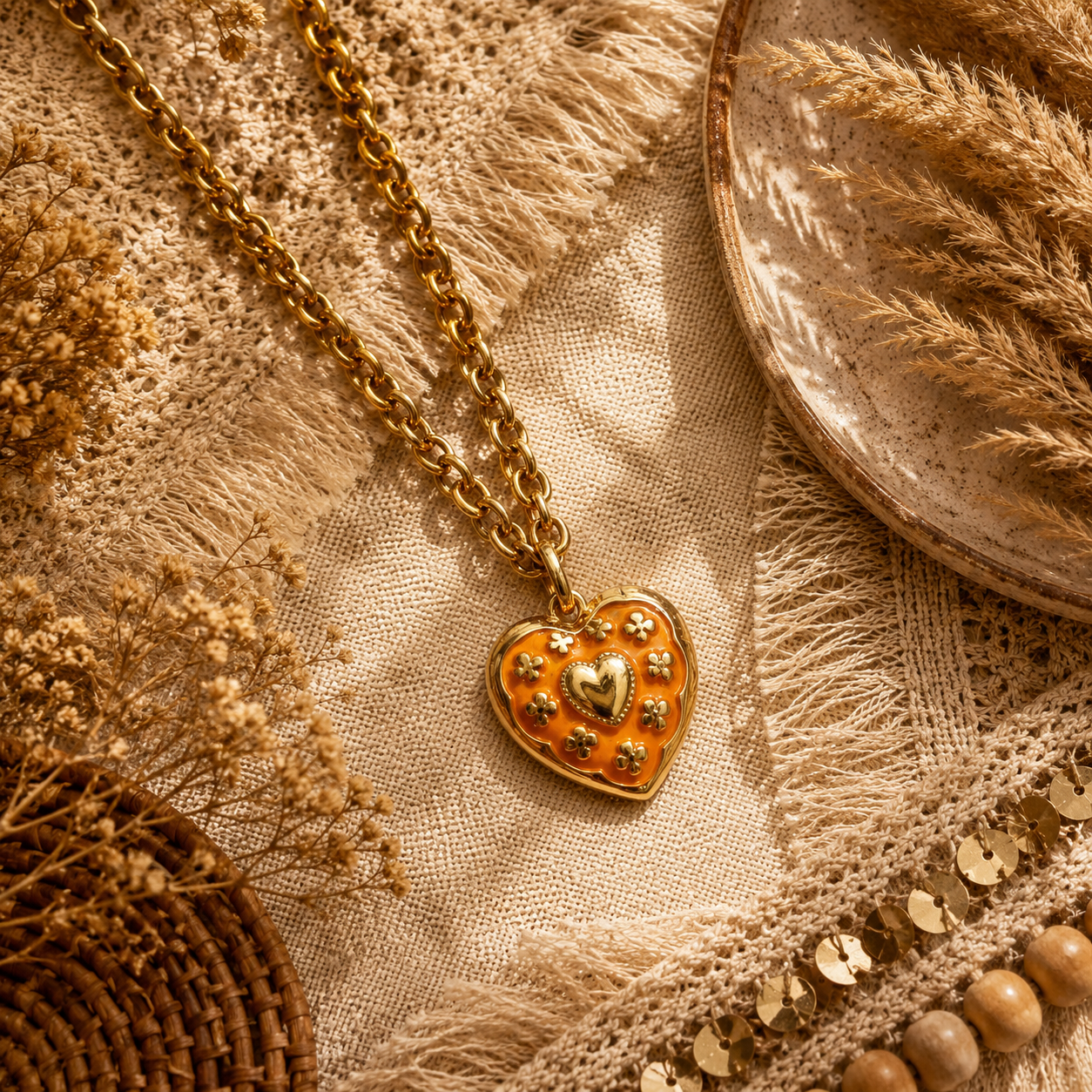 Collier  Amulette émaillé doré – Bijou solaire acier inoxydable