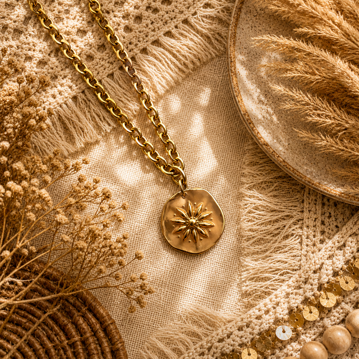 Collier  Amulette émaillé doré – Bijou solaire acier inoxydable